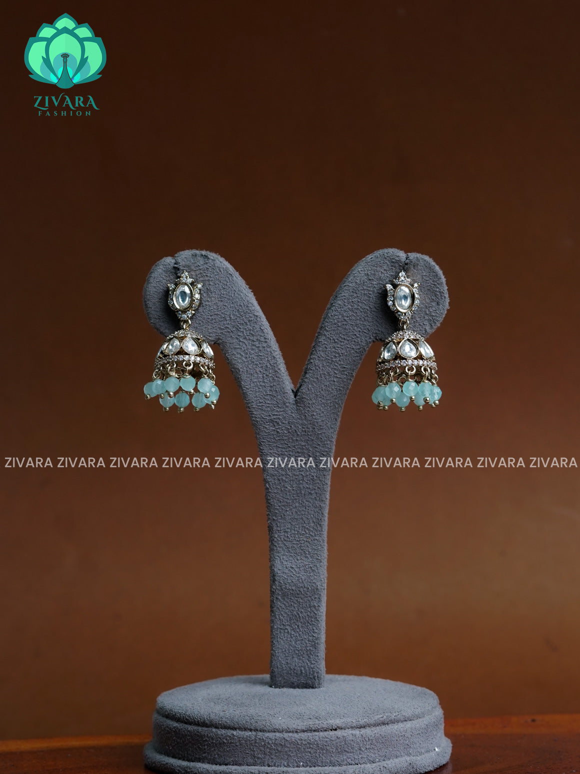 MINT  - Victoria dark finish  stone medium size jhumka  - TRADITIONAL PREMIUM  JHUMKA- latest jewellery collection- zivara fashion