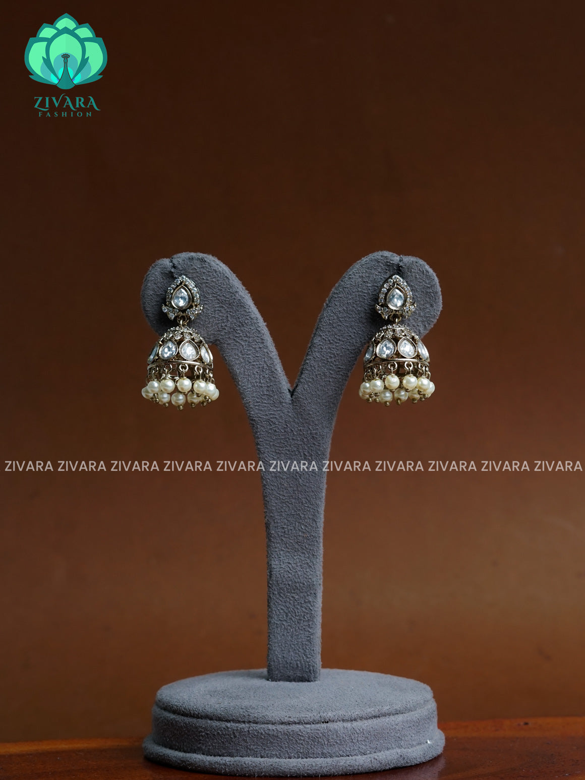 white   - Victoria dark finish  stone medium size jhumka  - TRADITIONAL PREMIUM  JHUMKA- latest jewellery collection- zivara fashion