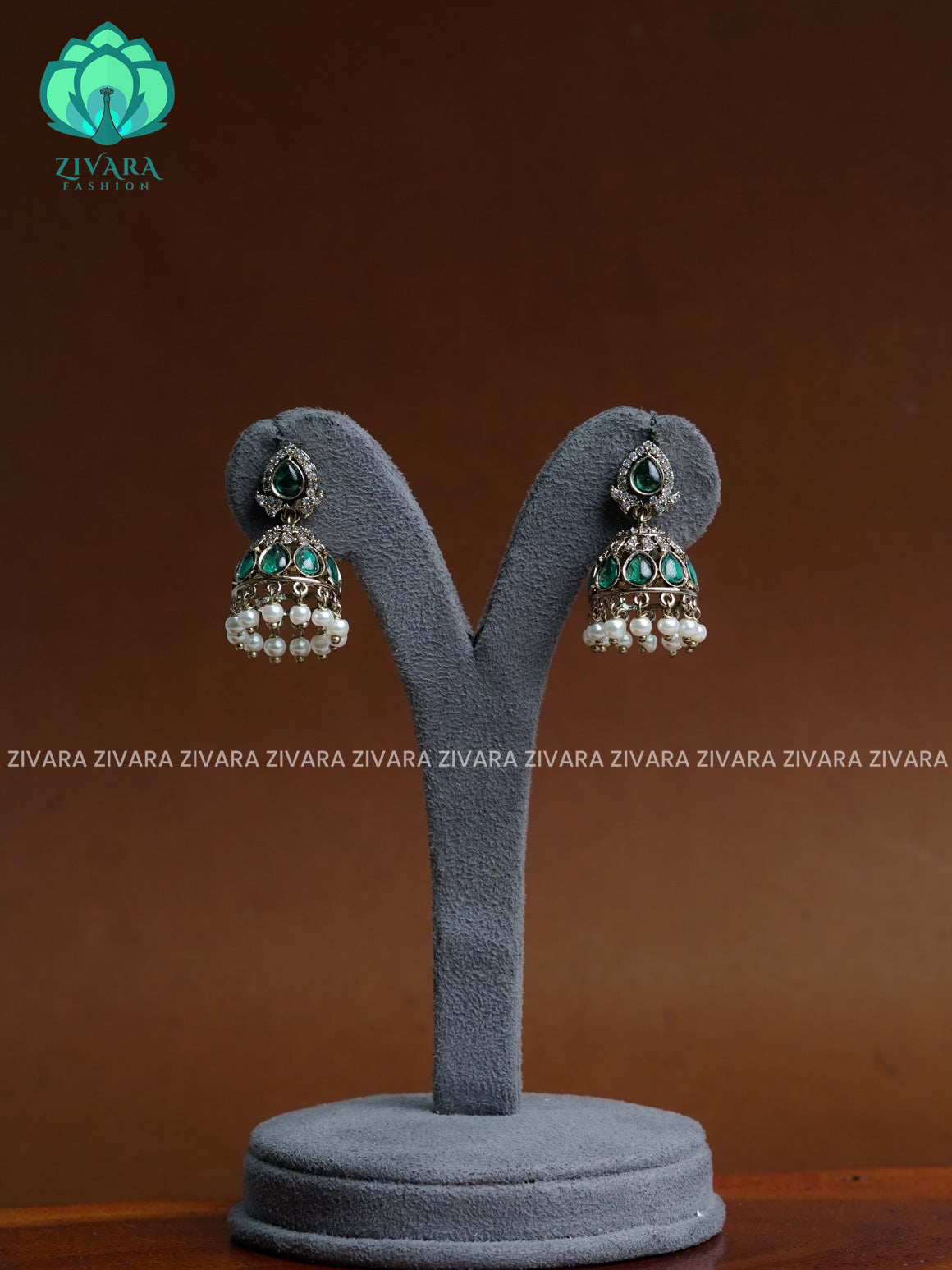 GREEN   - Victoria dark finish  stone medium size jhumka  - TRADITIONAL PREMIUM  JHUMKA- latest jewellery collection- zivara fashion