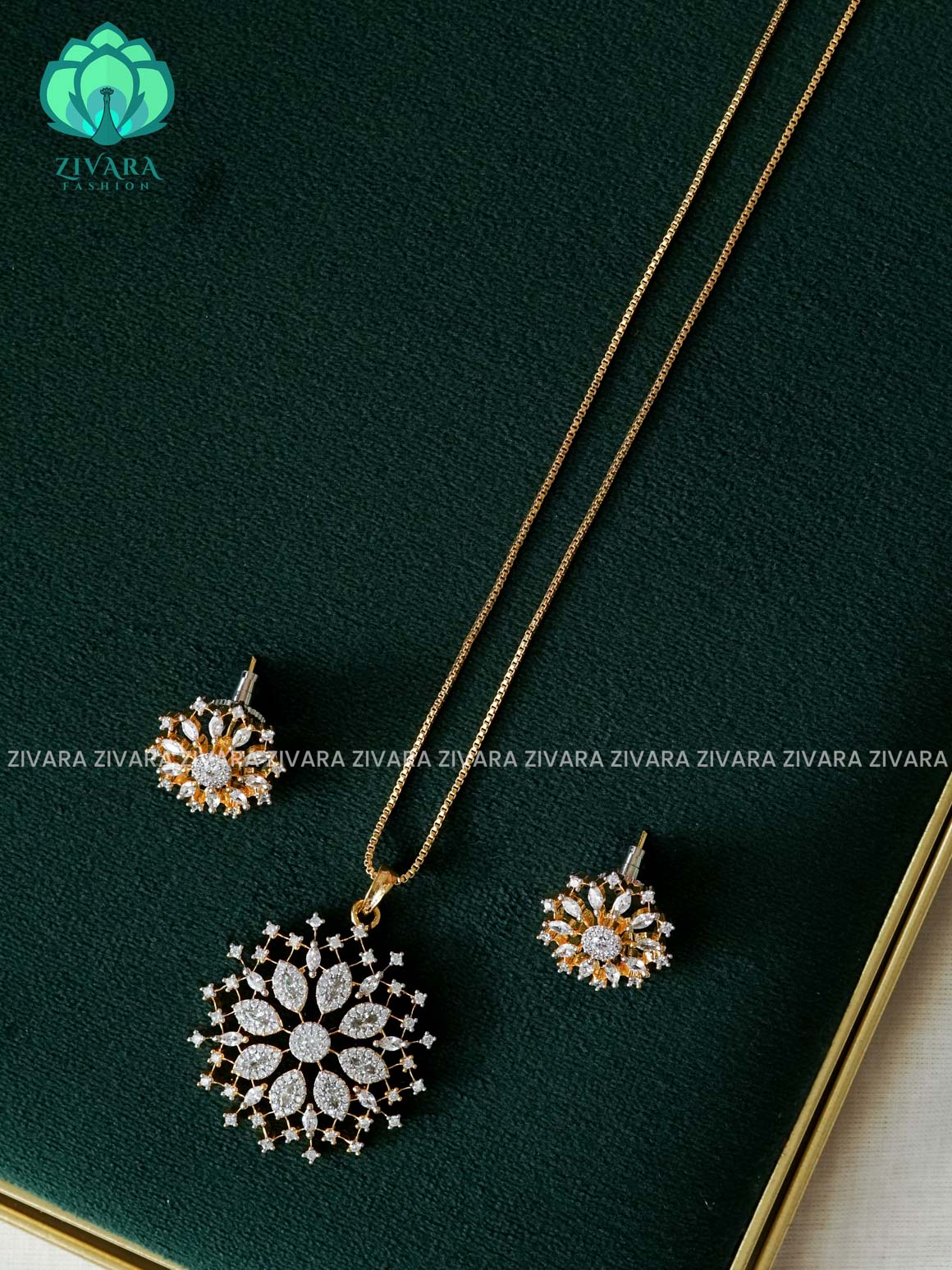 Zyra- Diamond replica Rhodium  polish-pendant set and earrings ( CHAIN COMPLIMENTARY)  -Trending office wear jewellery-Zivara fashion