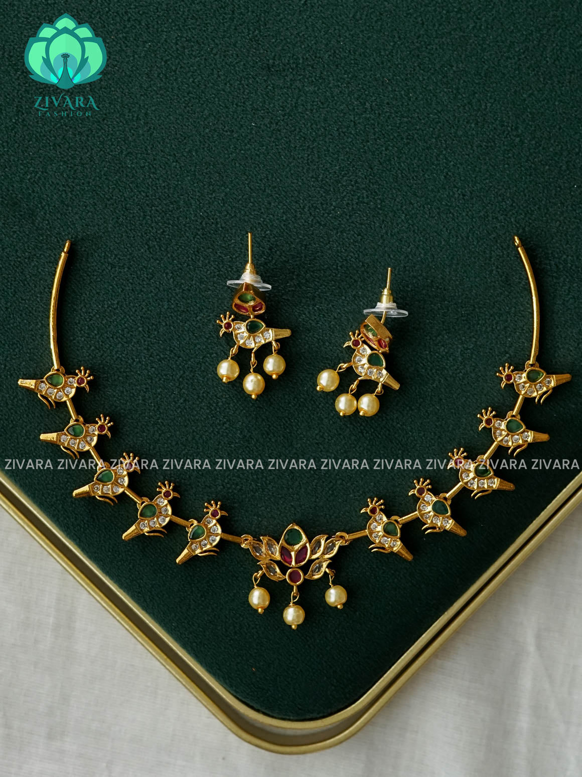 Flexible parrot hasli NECK WEAR WITh EARRINGS   - Premium quality CZ Matte collection-south indian jewellery