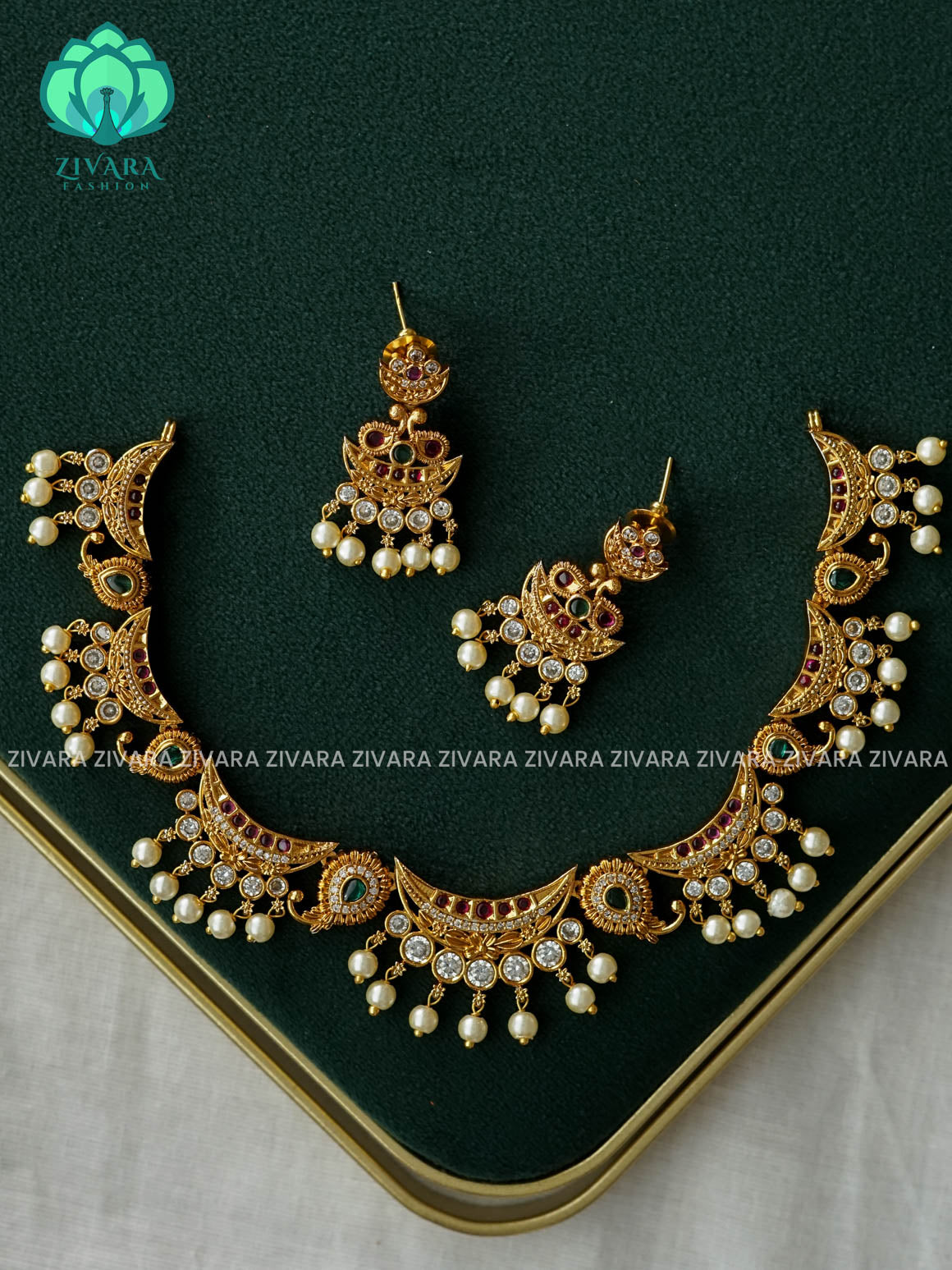 MOON NECKWEAR WITH PEARL HANGINGS  - Traditional PREMIUM neckwear with earrings- Zivara Fashion