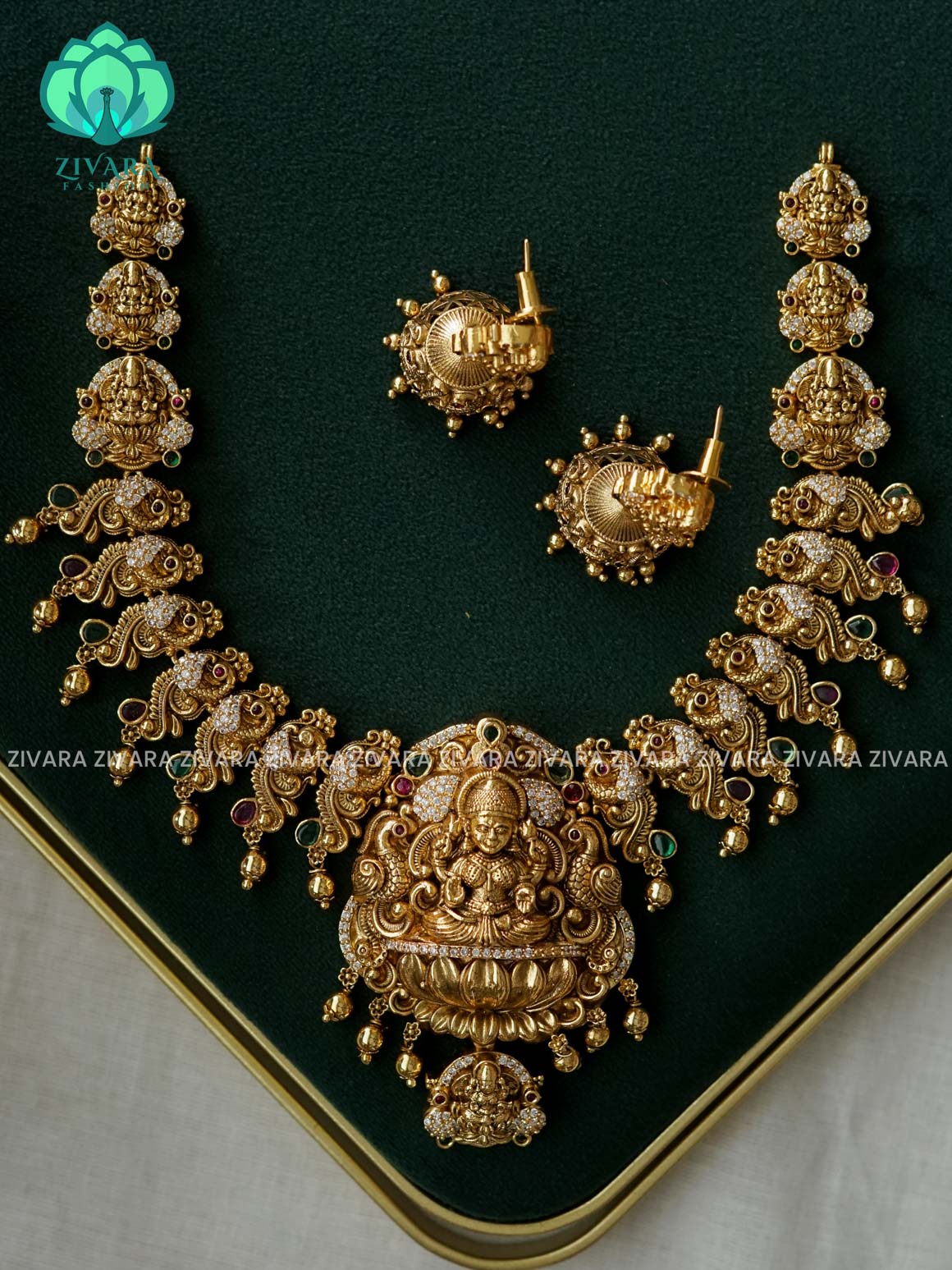 AKSHAYAM - TEMPLE PEACOCK BRIDAL  neckwear with gold beads hangings with earrings- Zivara Fashion