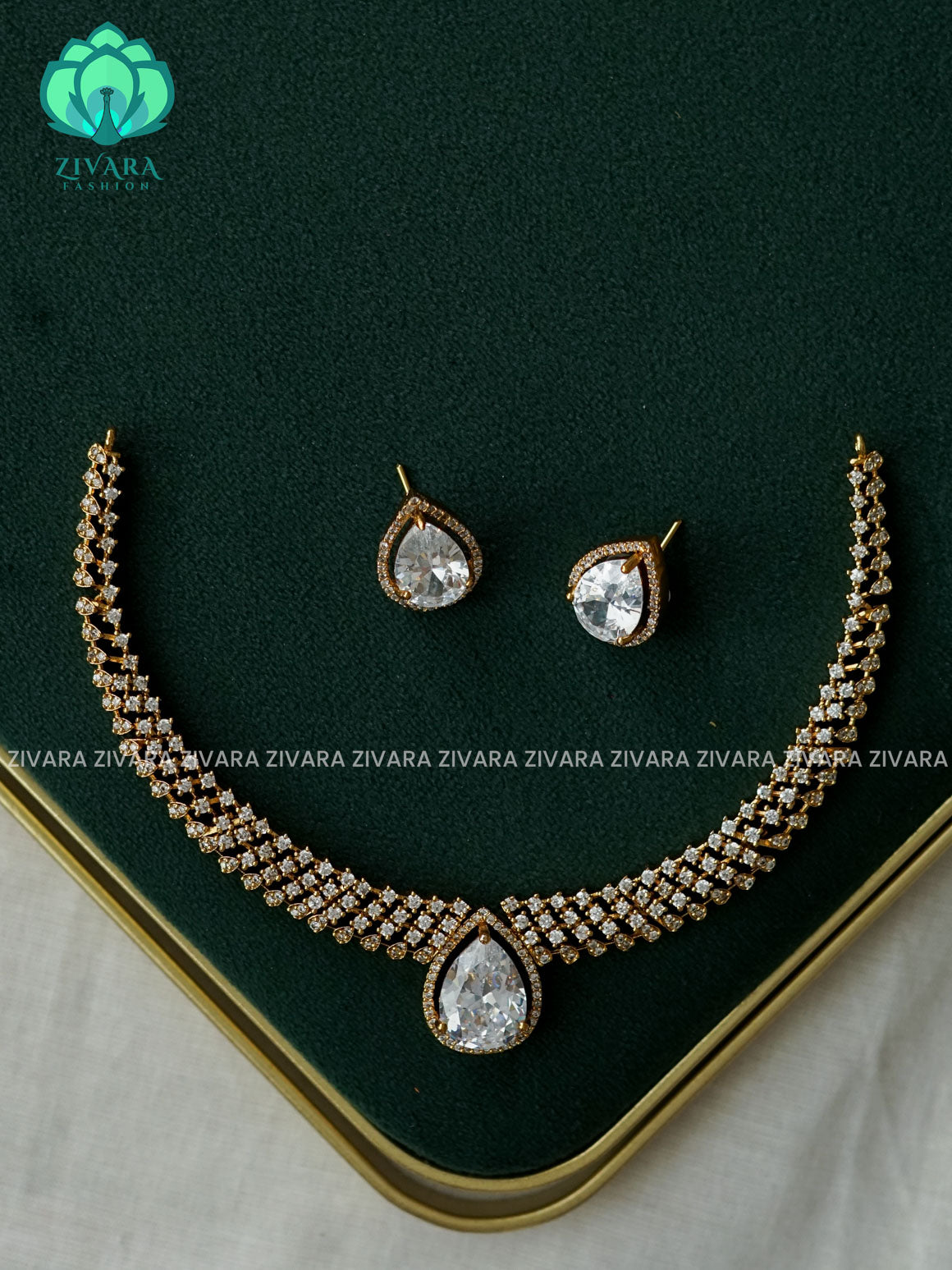 WHITE STONE - dark finish stylish and minimal elegant neckwear with earrings- Zivara Fashion