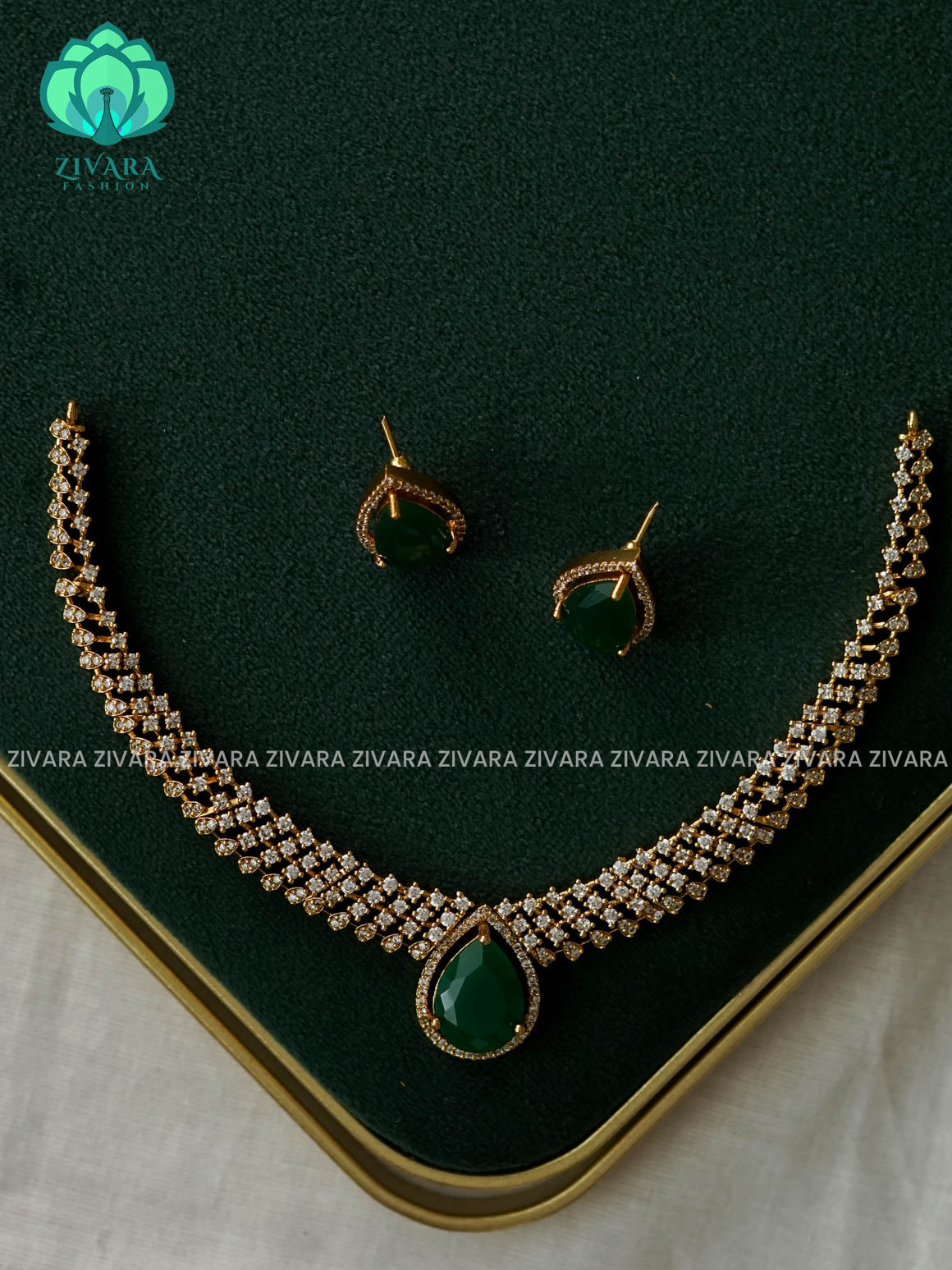 WHITE WITH GREEN STONE - dark finish stylish and minimal elegant neckwear with earrings- Zivara Fashion