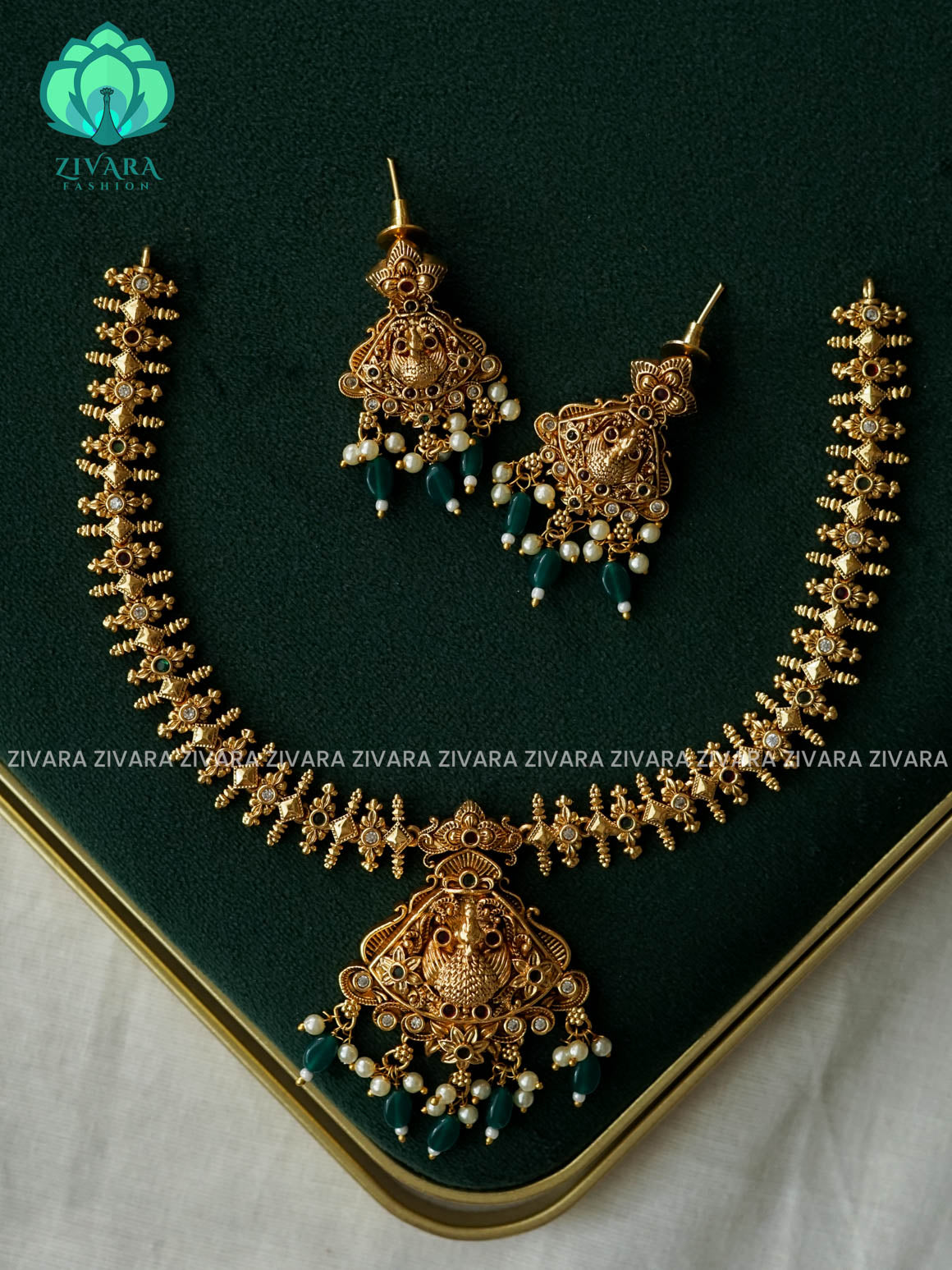 Akshayam - TEMPLE NECKWEAR WITH HANGINGS BEADS - bridal temple neckwear -Traditional south indian premium neckwear with earrings- Zivara Fashion- latest jewellery design