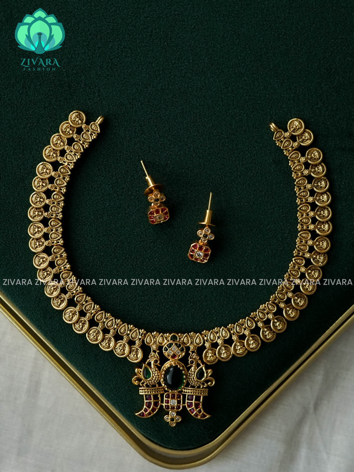 REAL KEMP STONE COIN WITH PEACOCK PENDANT -Traditional south indian premium neckwear with earrings- Zivara Fashion- latest jewellery design