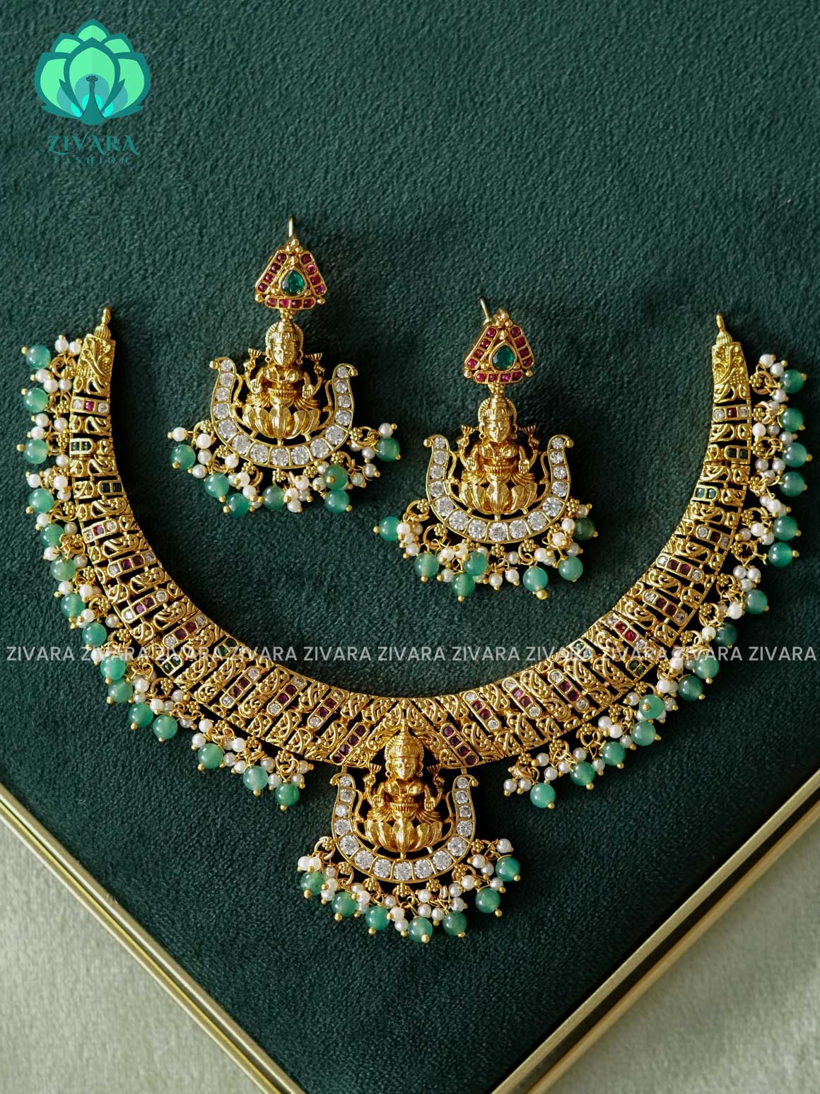 AKSHAYAM - BRIDAL TEMPLE NECKWEAR WITH GREEN BEADS HANGINGS   - premium neckwear with earrings- Zivara Fashion- latest jewellery design