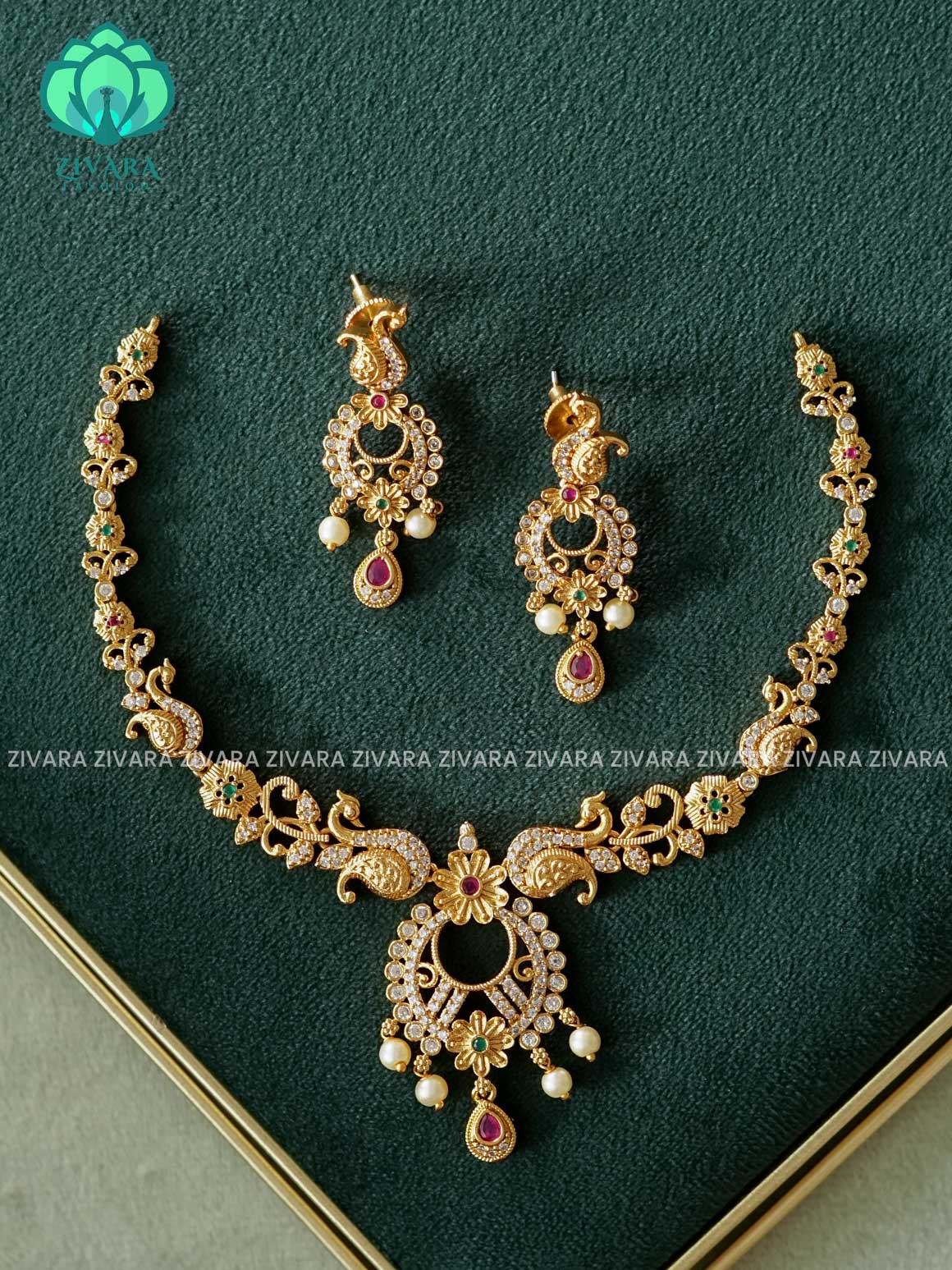 PEACOCK NECKWEAR WITH PEARL HANGINGS  - Traditional PREMIUM neckwear with earrings- Zivara Fashion