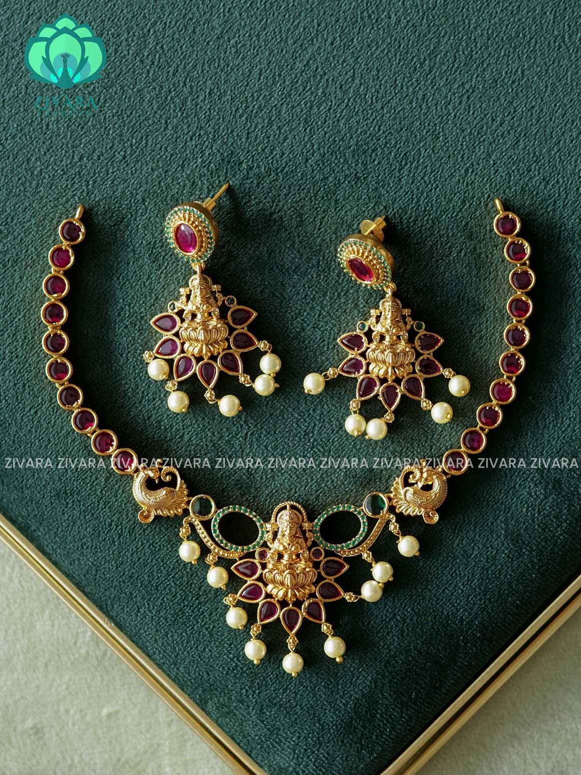 TEMPLE - REAL KEMP STONE CHAIN WITH HANGINGS -Traditional south indian premium neckwear with earrings- Zivara Fashion- latest jewellery design