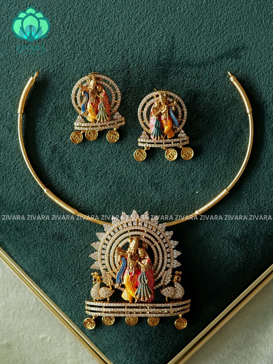 MADHURYA -  Radhe Krishna HASLI  handpainted - Traditional south indian premium neckwear with earrings- Zivara Fashion- latest jewellery design