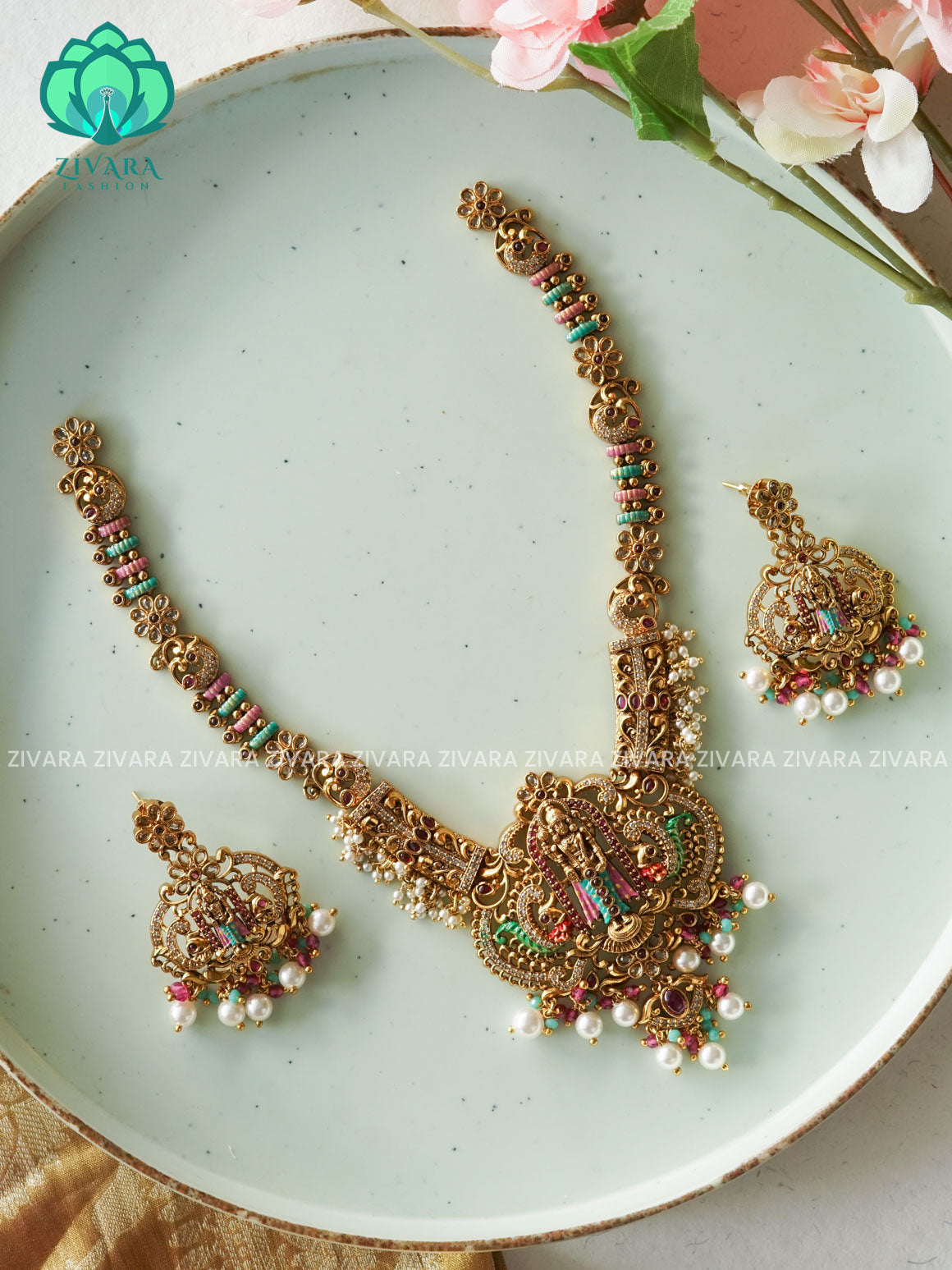 MADHURYA -  GRAND BRIDAL VINTAGE FINISH  handpainted - Traditional south indian premium neckwear with earrings- Zivara Fashion- latest jewellery design