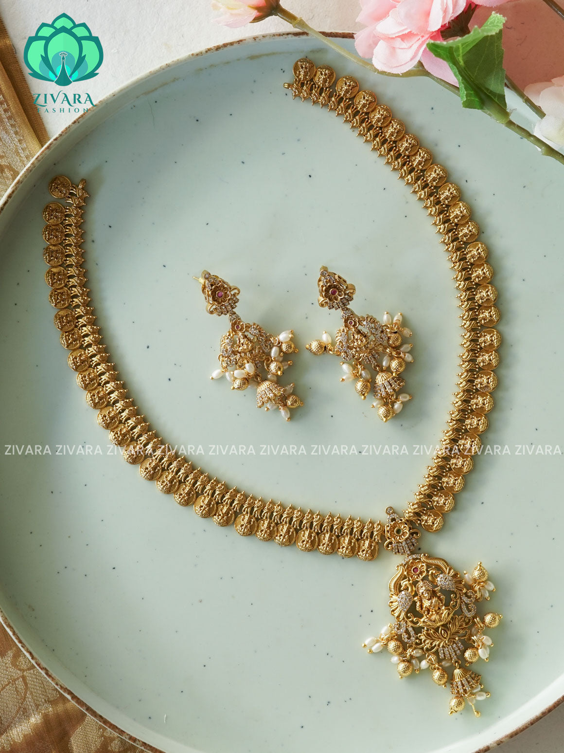 TEMPLE COIN LONG CHAIN  - Traditional PREMIUM MATTE polish MIDCHEST haaram/neckwear with earrings- Zivara Fashion