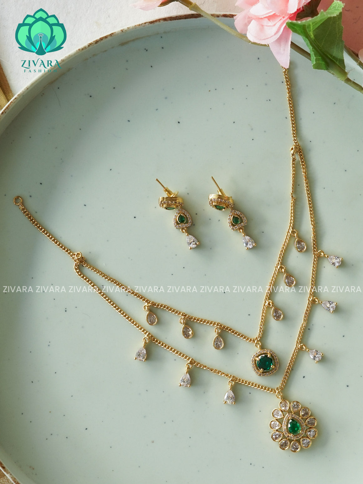 GREEN TEAR PENDANT- Two step  -Traditional south indian premium neckwear without earrings- Zivara Fashion- latest jewellery design