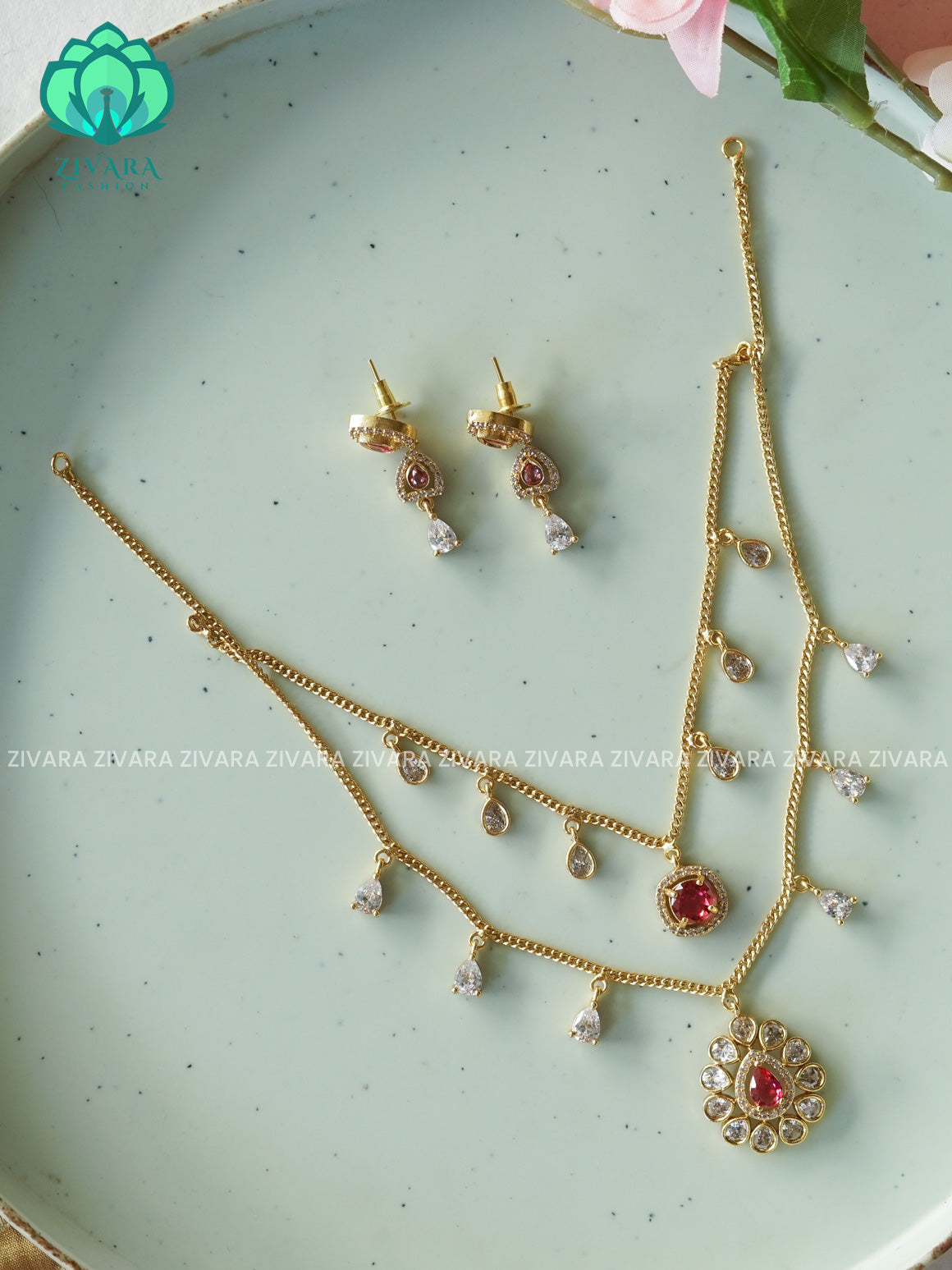 RUBY TEAR PENDANT- Two step  -Traditional south indian premium neckwear without earrings- Zivara Fashion- latest jewellery design