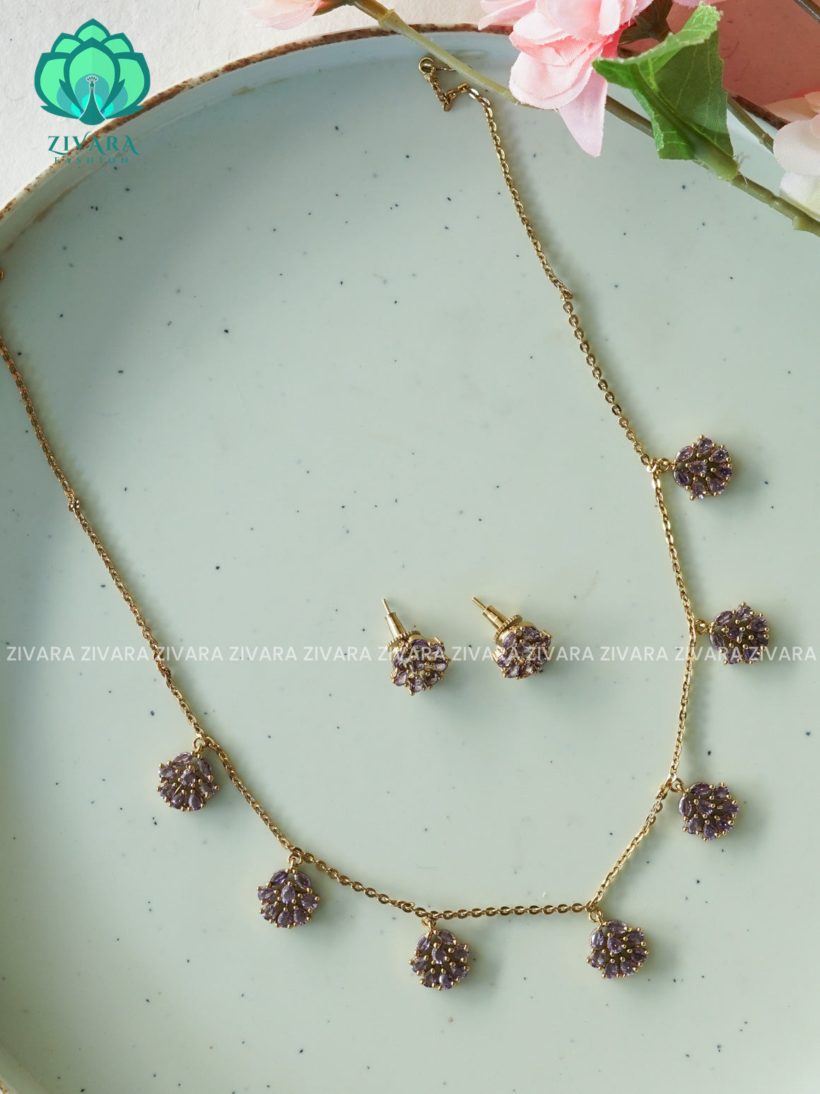 Purple  FLEXIBLE CHAIN WITH HANGING FLOWERS -Traditional south indian premium neckwear with earrings- Zivara Fashion- latest jewellery design