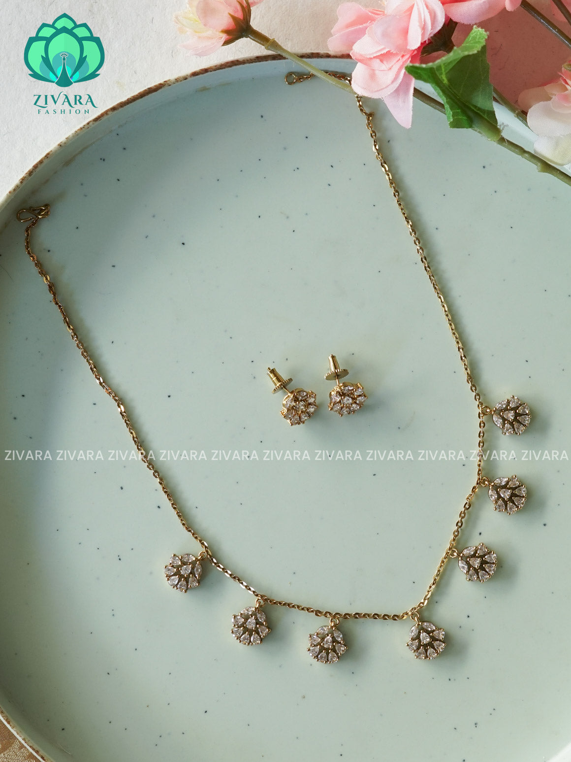 WHITE FLEXIBLE CHAIN WITH HANGING FLOWERS -Traditional south indian premium neckwear with earrings- Zivara Fashion- latest jewellery design