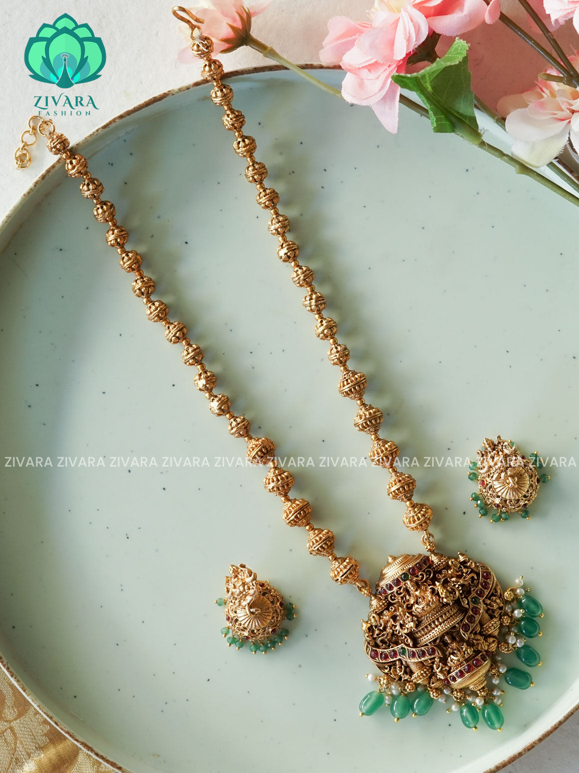 VISHALI GREEN BEADS AND TEMPLE PENDANT BALL CHAIN - Traditional NORMAL MATTE polish MIDCHEST haaram/neckwear with earrings- Zivara Fashion