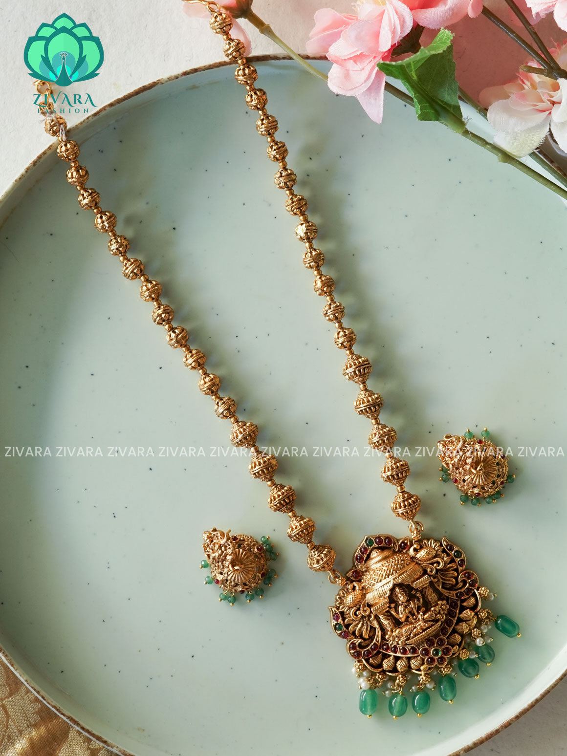 VISHALI GREEN BEADS AND TEMPLE PENDANT BALL CHAIN - Traditional NORMAL MATTE polish MIDCHEST haaram/neckwear with earrings- Zivara Fashion