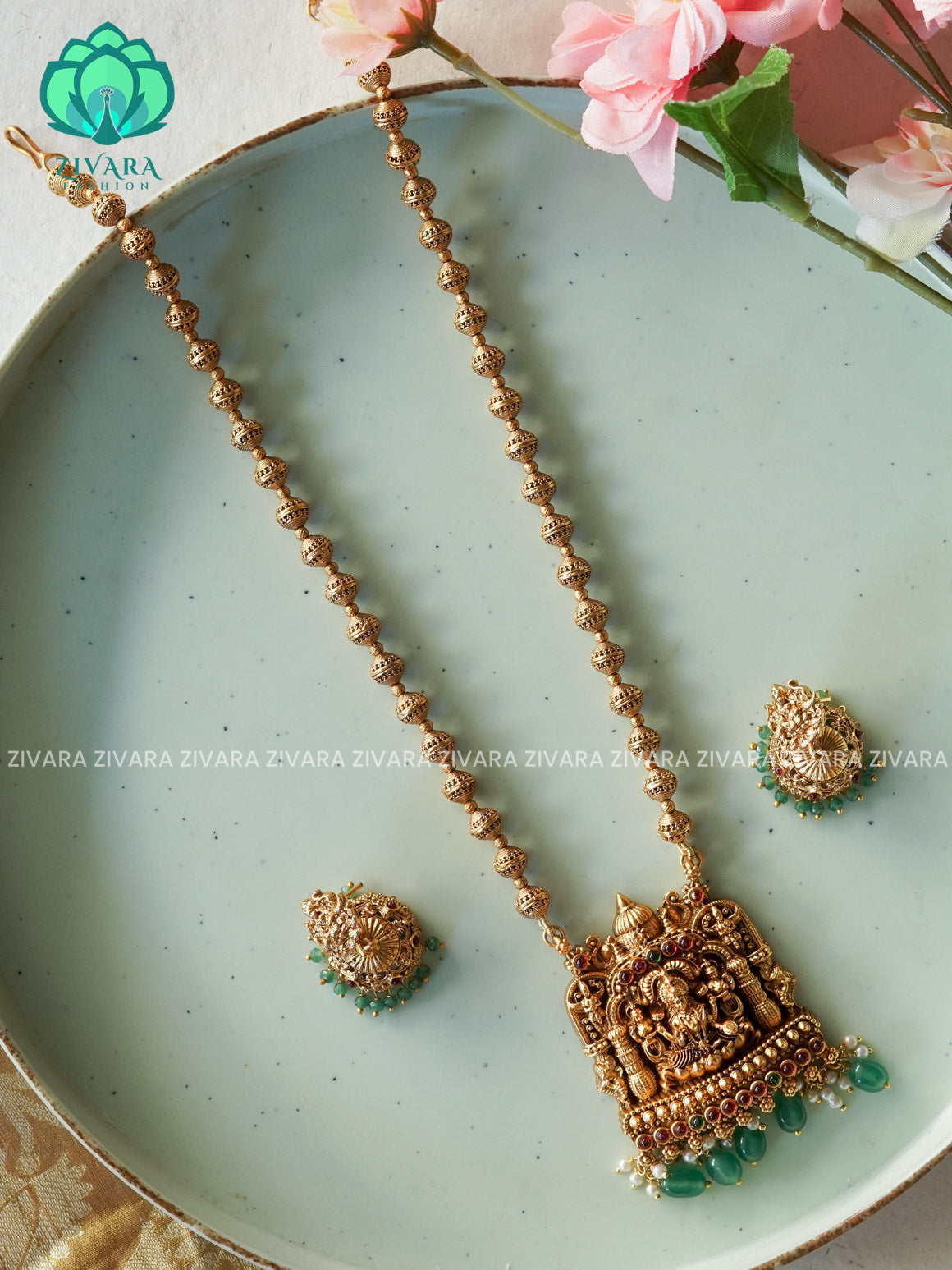 VISHALI GREEN BEADS AND TEMPLE PENDANT BALL CHAIN - Traditional NORMAL MATTE polish MIDCHEST haaram/neckwear with earrings- Zivara Fashion
