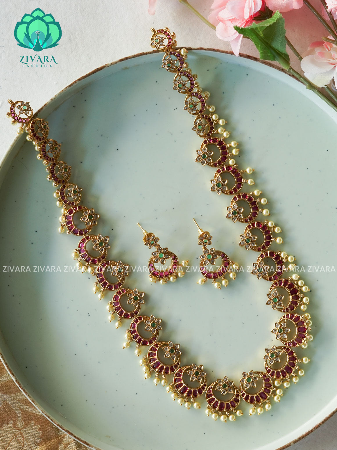 RUBY GREEN MOON - Traditional PREMIUM MATTE polish MIDCHEST haaram/neckwear with earrings- Zivara Fashion