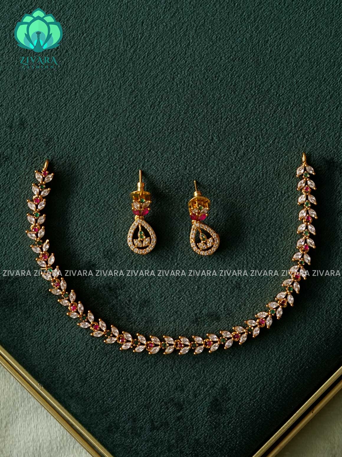 SMALL SIZE SIMPLE Ruby and Green STONE  - stylish and minimal elegant neckwear with earrings- Zivara Fashion