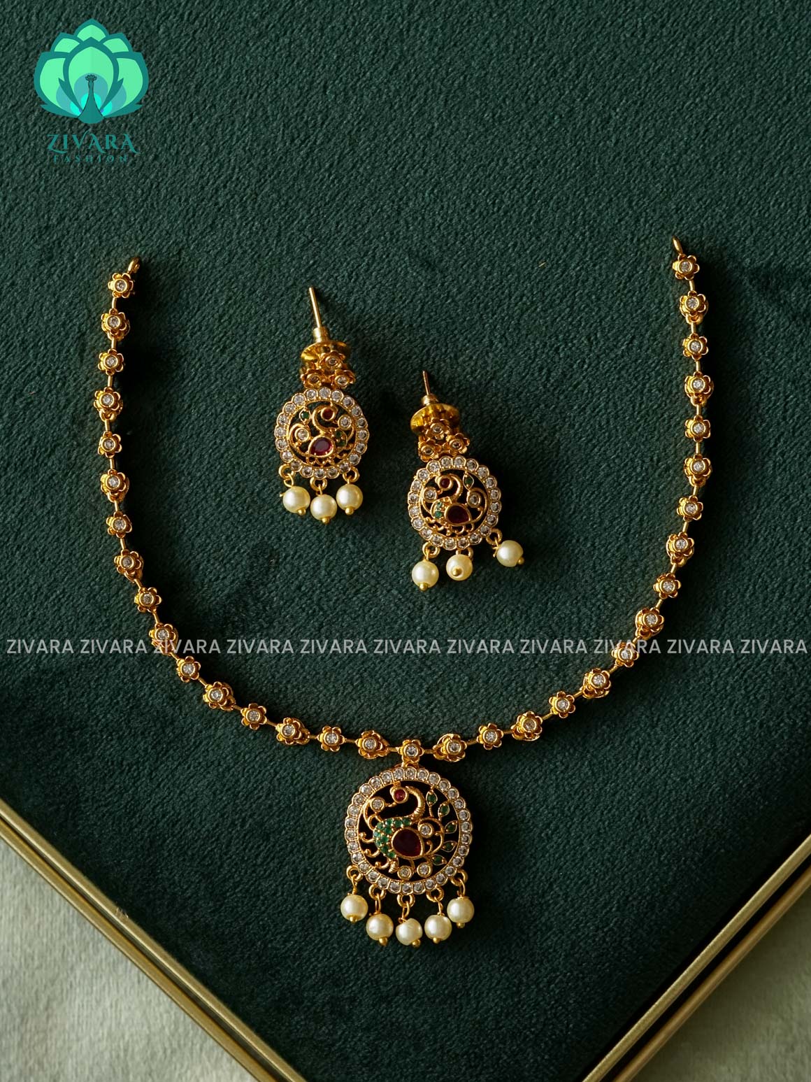 PEACOCK MOTIF NECKWEAR - Bridal real kemp stone moon -Traditional south indian premium neckwear with earrings- Zivara Fashion- latest jewellery design