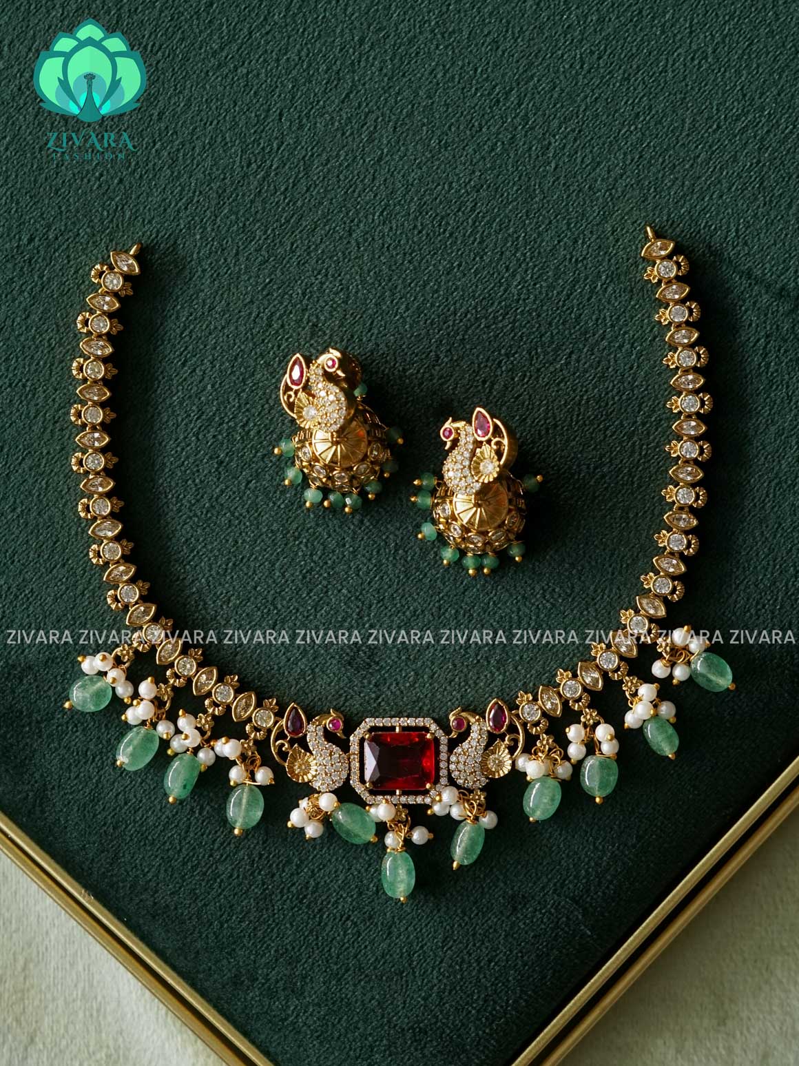RUBY SQUARE PEACOCK WITH GREEN BEADS HANGING - Bridal real kemp stone moon -Traditional south indian premium neckwear with earrings- Zivara Fashion- latest jewellery design