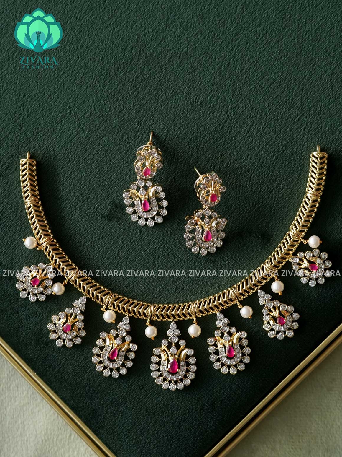 RUBY - AD FLEXIBLE CHAIN  MICROGOLD POLISH ATTIGAI WITH EARRING - Zivara Fashion- latest jewellery design
