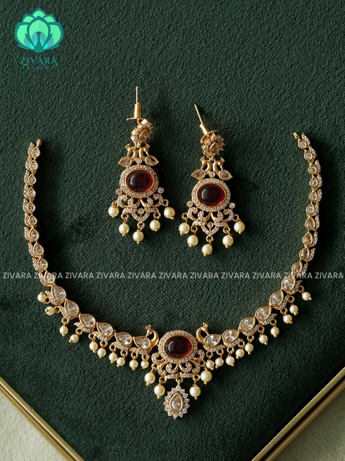 RUBY PEACOCK PREMIUM SUBTLE GOLD FINISH  stylish and minimal neckwear with earrings- Zivara Fashion