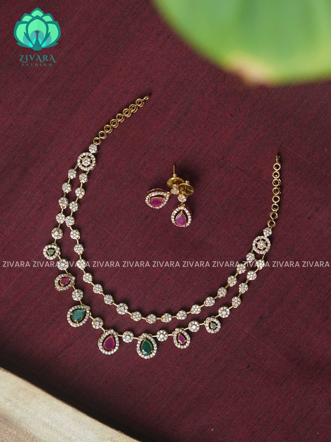 RUBY AND GREEN STEP STONE- stylish and minimal elegant neckwear with earrings- Zivara Fashion