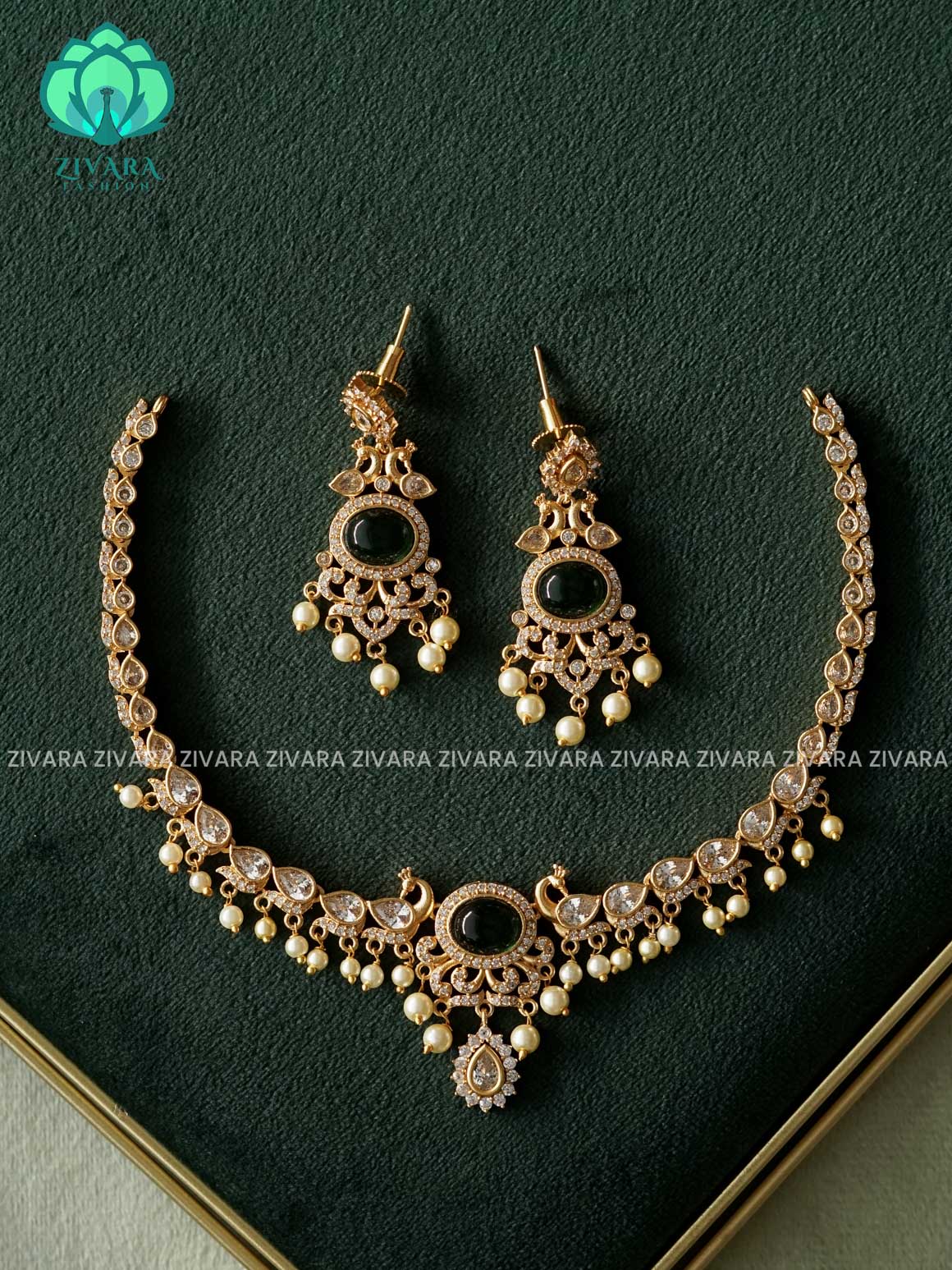 GREEN PEACOCK PREMIUM SUBTLE GOLD FINISH  stylish and minimal neckwear with earrings- Zivara Fashion