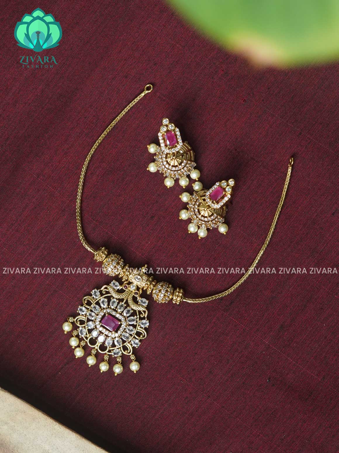 RUBY FLEXIBLE CHAIN SQUARE PENDANT  -Traditional south indian premium neckwear with earrings- Zivara Fashion- latest jewellery design.