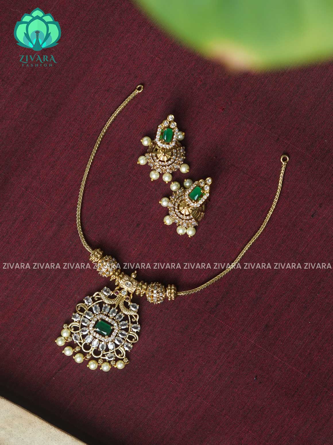 GREEN FLEXIBLE CHAIN SQUARE PENDANT  -Traditional south indian premium neckwear with earrings- Zivara Fashion- latest jewellery design.