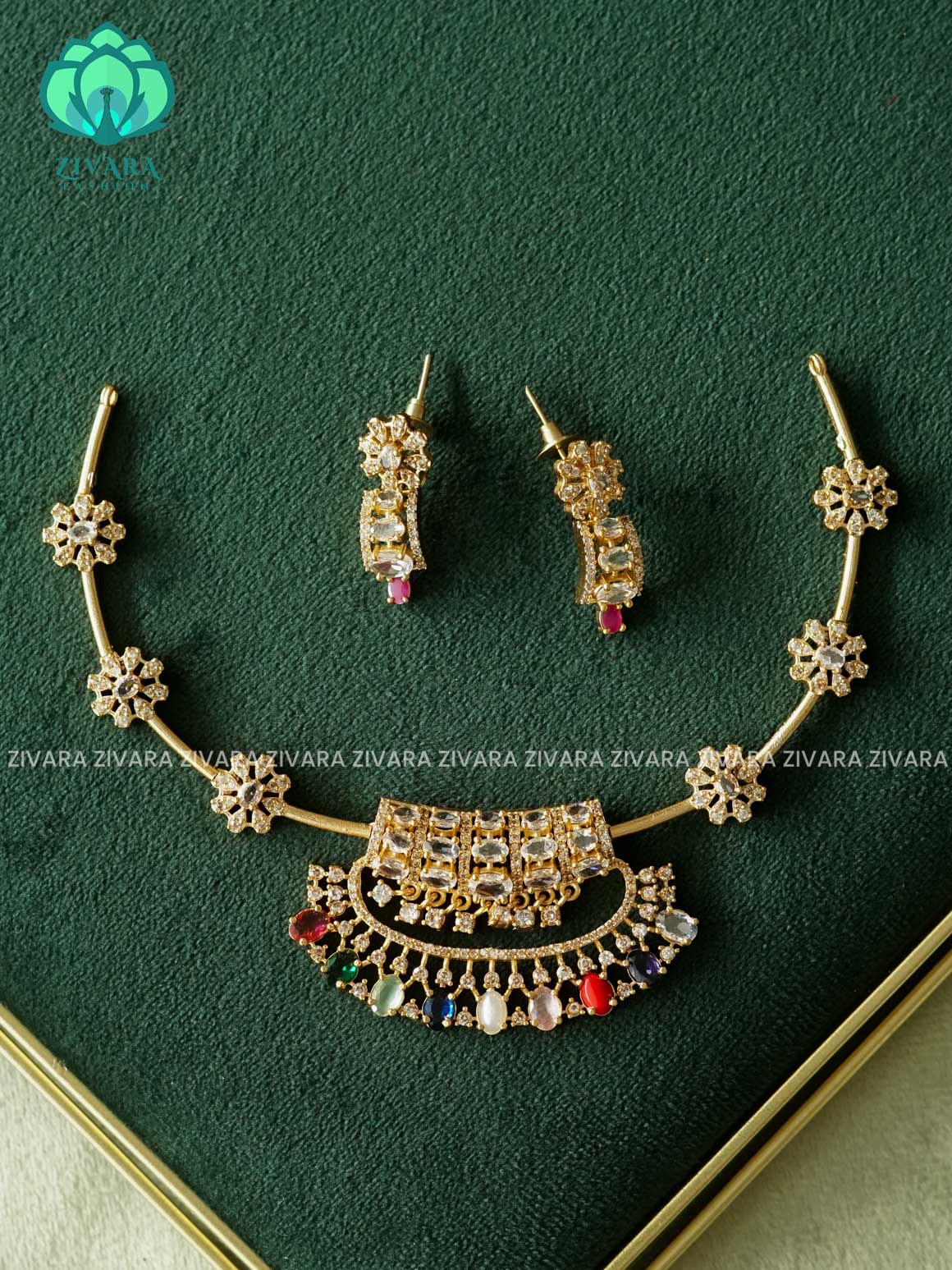 Multicolour AD Hasli - Traditional south indian premium neckwear with earrings- Zivara Fashion- latest jewellery design