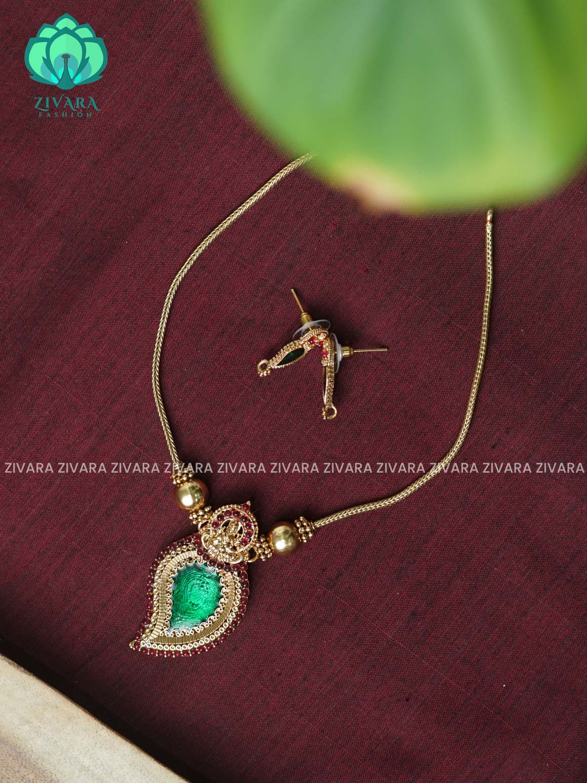 GREEN ENAMEL MANGO TEMPLE PENDANT with Flexible chain - Traditional south indian NORMAL MATTE PALLAKAD neckwear with earrings - Zivara Fashion