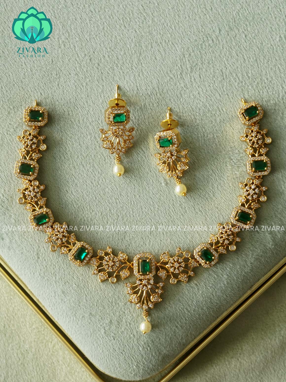 GREEN COLOUR ELEGANT  - Traditional PREMIUM neckwear with earrings- Zivara Fashion
