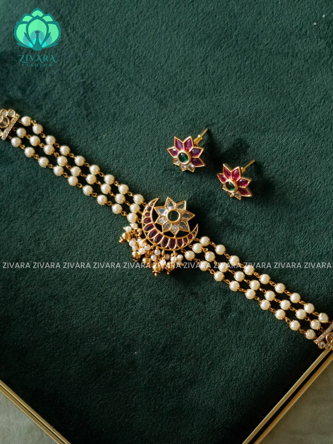 RUBY GREEN AND WHITE CHAND PEARL CHOKER  -  TRADITIONAL CHOKER COLLECTION WITH EARRINGS- LATEST JEWELLERY COLLECTION