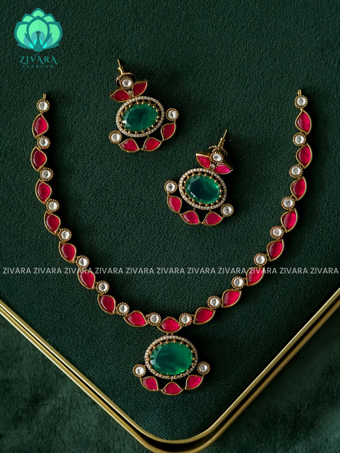 JADAU POLKI STONE  - SUBTLE POLISH stylish and minimal elegant neckwear with earrings- Zivara Fashion