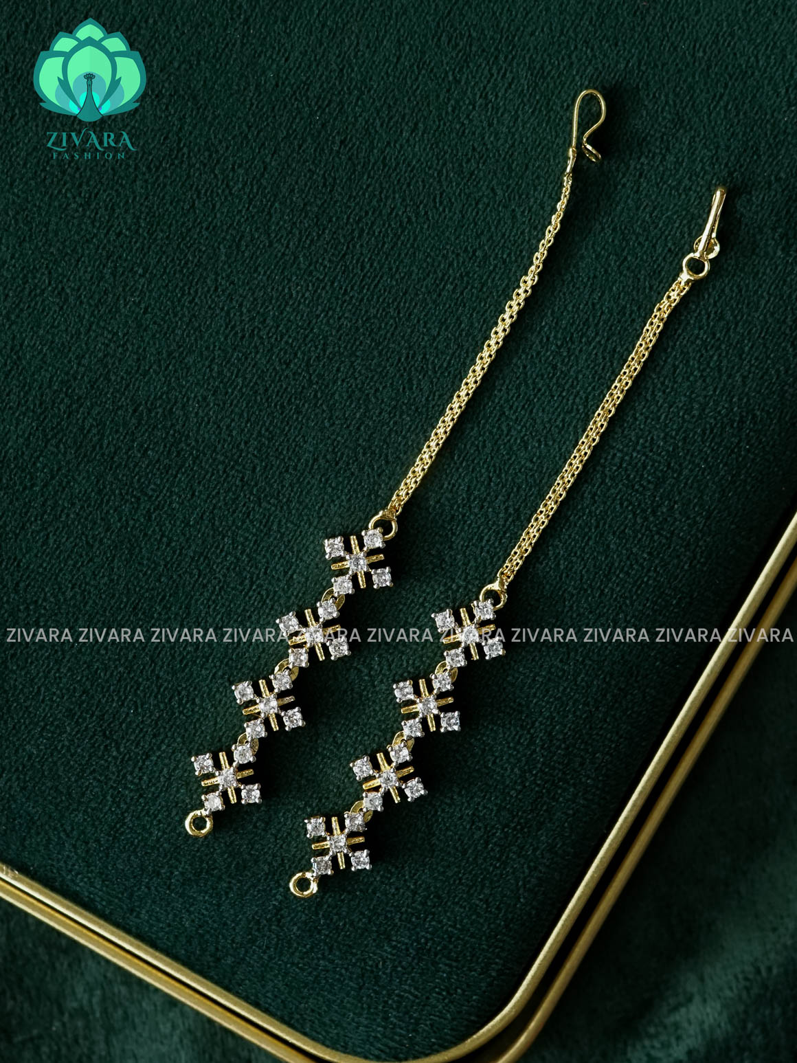 WHITE STONE straight rhodium finish bridal earchain maatal- south indian kemp bridal accessory