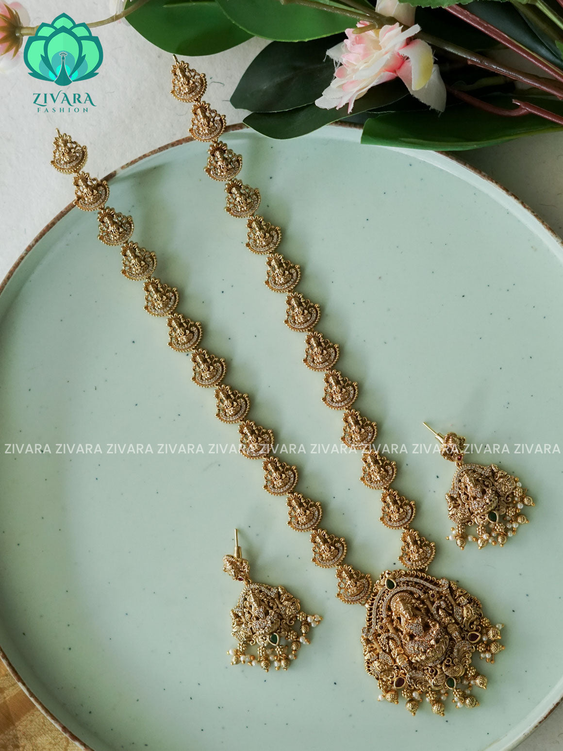 VINTAGE TEMPLE BRIDAL LONG - Traditional PREMIUM MATTE polish MIDCHEST haaram/neckwear with earrings- Zivara Fashion