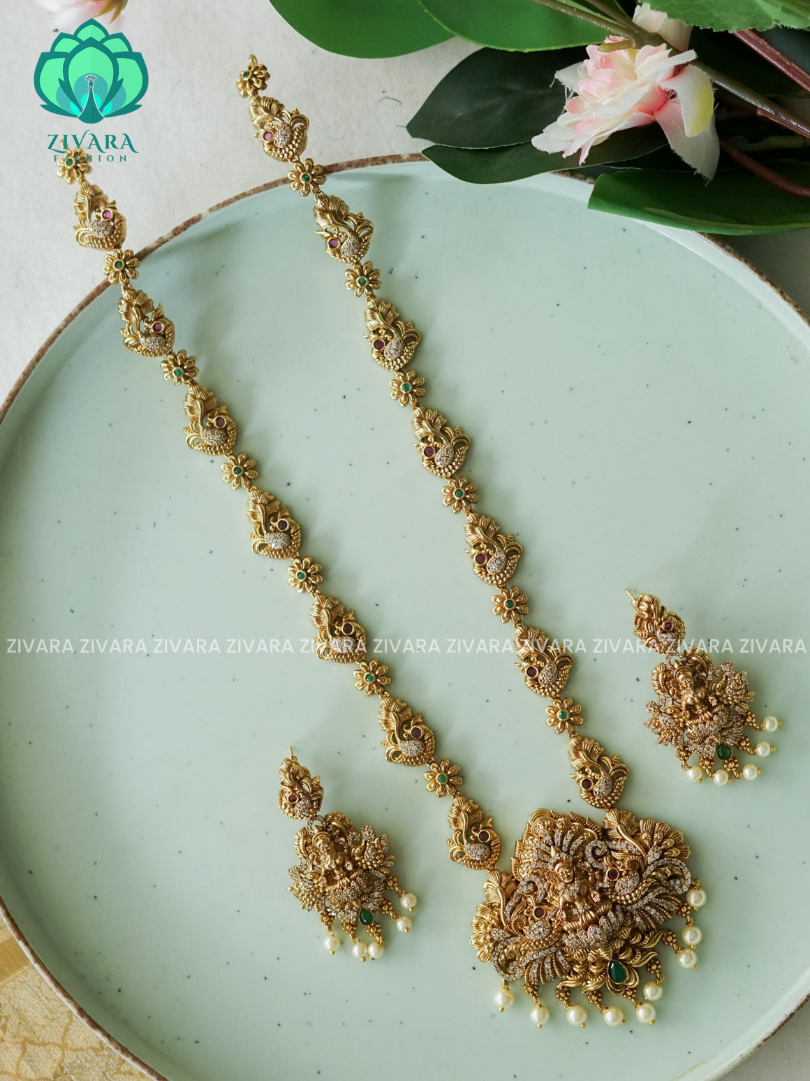 VINTAGE TEMPLE BRIDAL LONG - Traditional PREMIUM MATTE polish MIDCHEST haaram/neckwear with earrings- Zivara Fashion