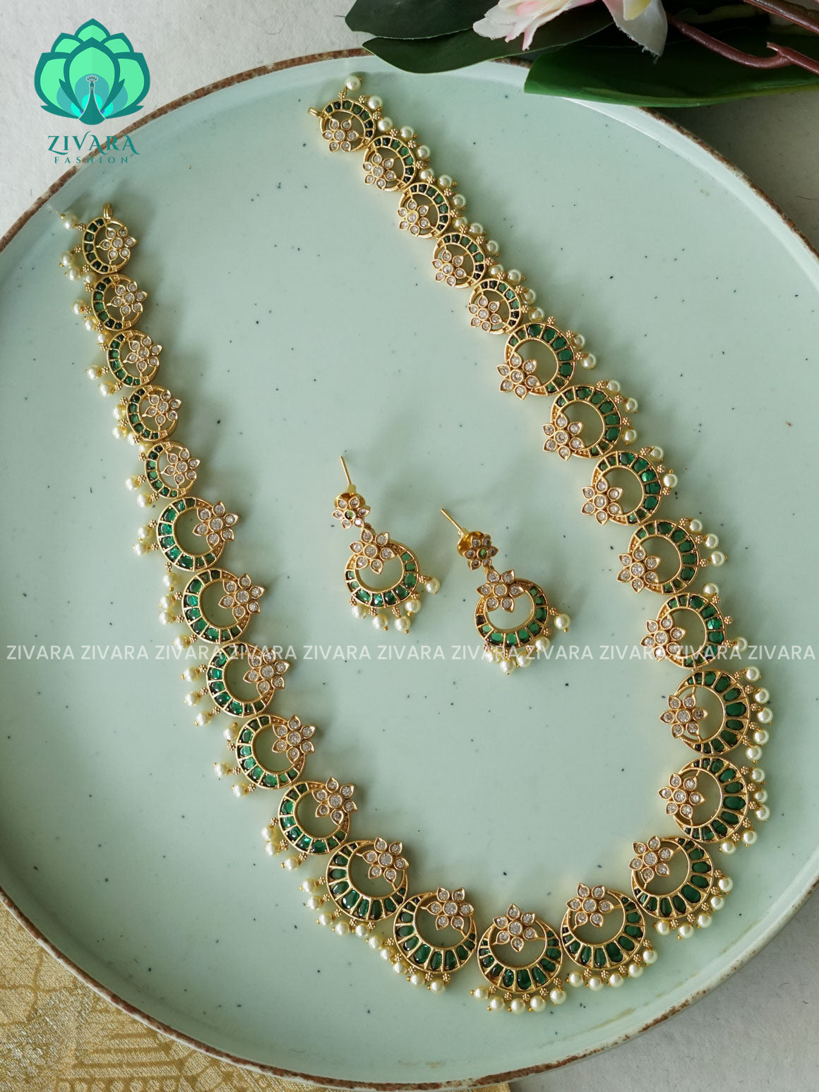 GREEN  MOON - Traditional PREMIUM MATTE polish MIDCHEST haaram/neckwear with earrings- Zivara Fashion