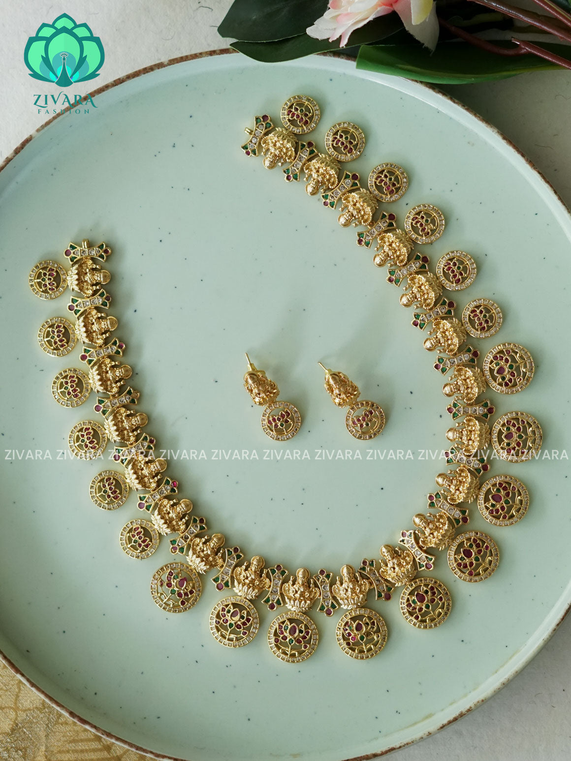 BRIDAL PREMIUM COIN HAARAM- Traditional PREMIUM MATTE polish MIDCHEST haaram/neckwear with earrings- Zivara Fashion