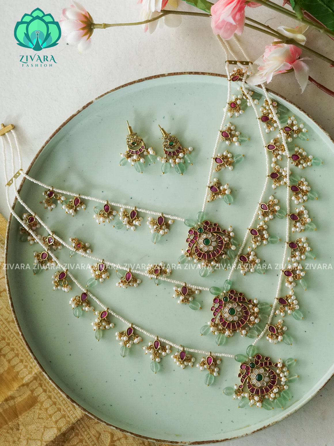JADAU GREEN BEADS layer haaram- Traditional PREMIUM MATTE polish MIDCHEST haaram/neckwear with earrings- Zivara Fashion