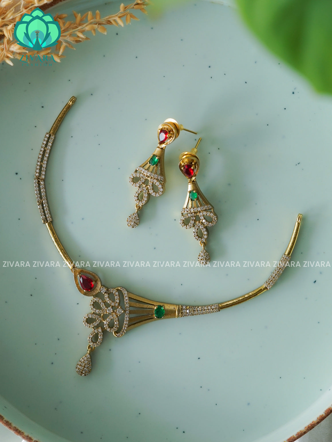 Ruby and green Simple and kids friendly hasli - PREMIUM SUBTLE GOLD FINISH stylish and minimal elegant neckwear with earrings- Zivara Fashion