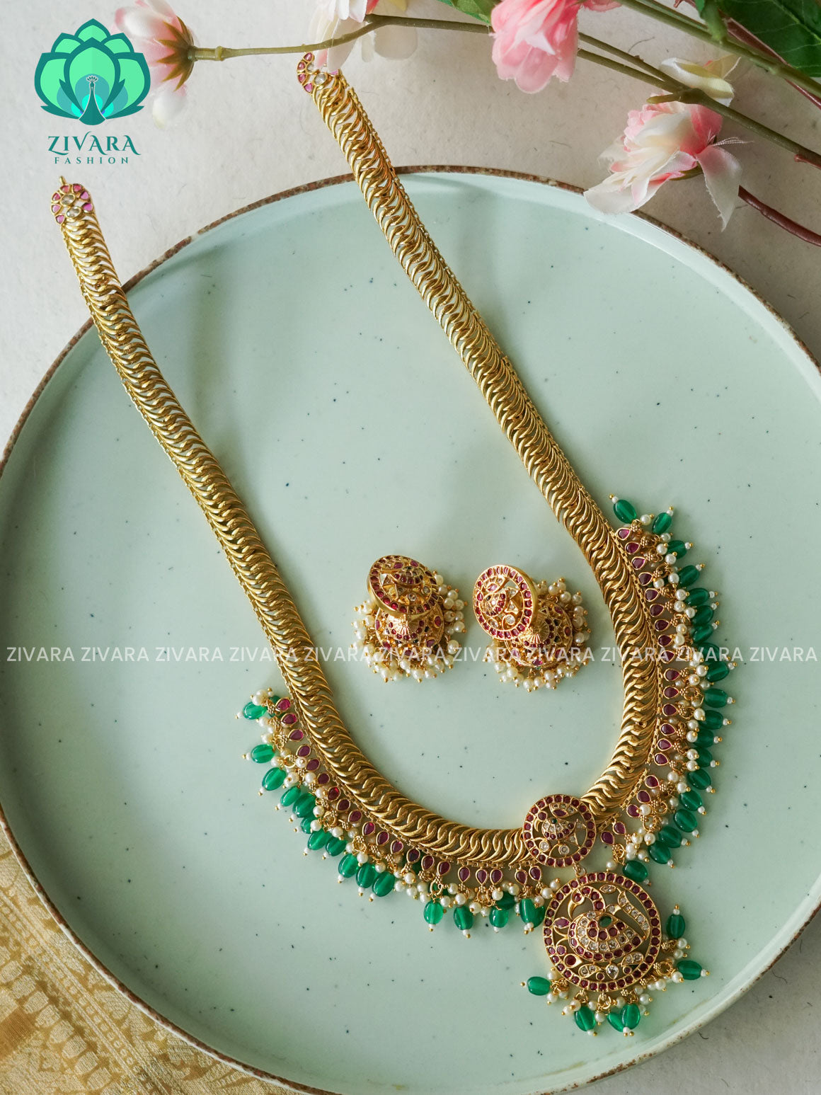 GOLD FINISH LONG GREEN BEADS  Traditional PREMIUM MATTE polish MIDCHEST haaram/neckwear with earrings- Zivara Fashion