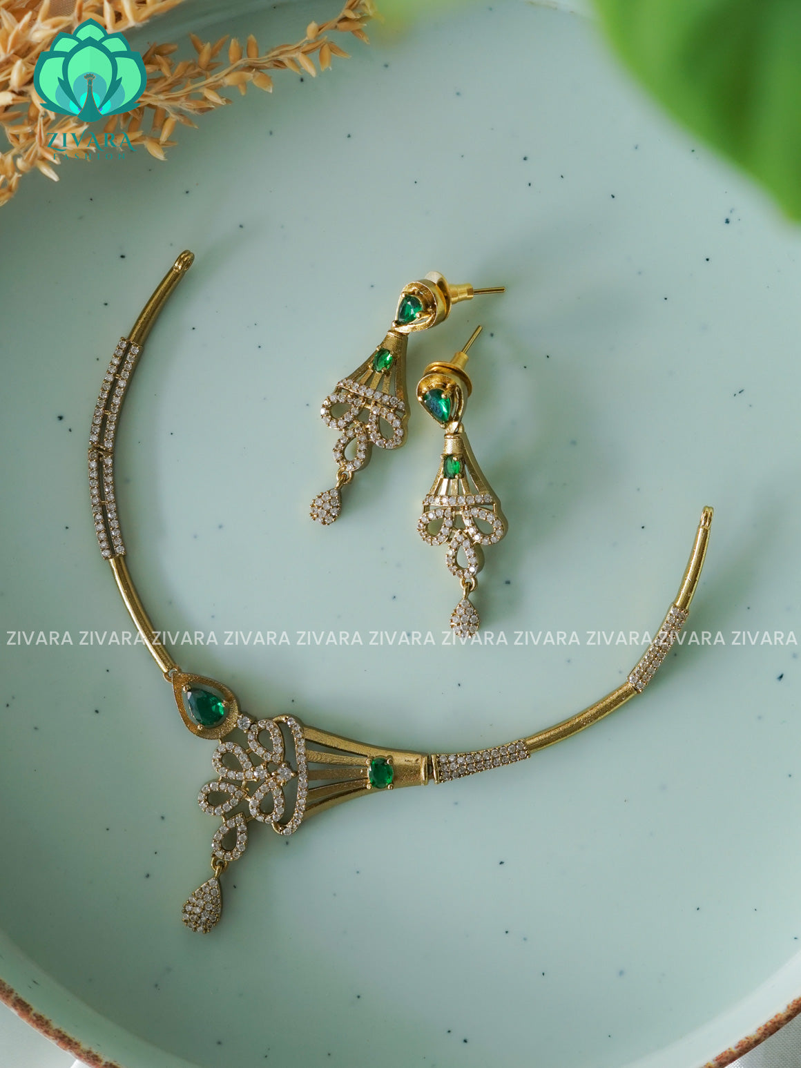 Green Simple and kids friendly hasli - PREMIUM SUBTLE GOLD FINISH stylish and minimal elegant neckwear with earrings- Zivara Fashion