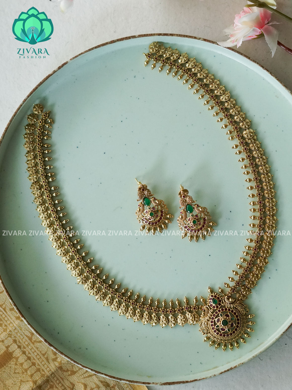 BRIDAL PREMIUM MOTIF FREE  HAARAM- Traditional PREMIUM MATTE polish MIDCHEST haaram/neckwear with earrings- Zivara Fashion