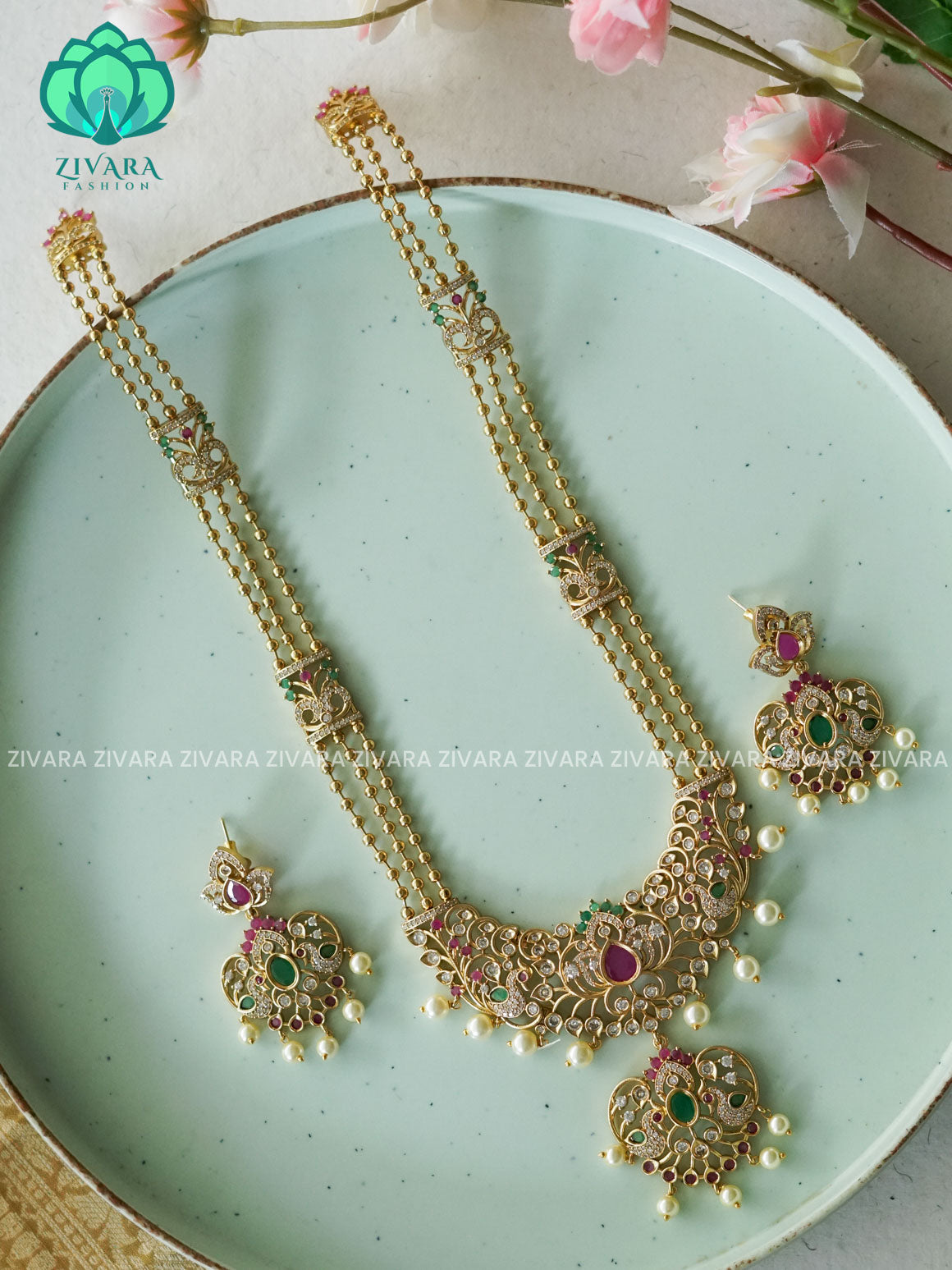 PEACOCK PENDANT BALL CHAIN - Traditional PREMIUM MATTE polish MIDCHEST haaram/neckwear with earrings- Zivara Fashion